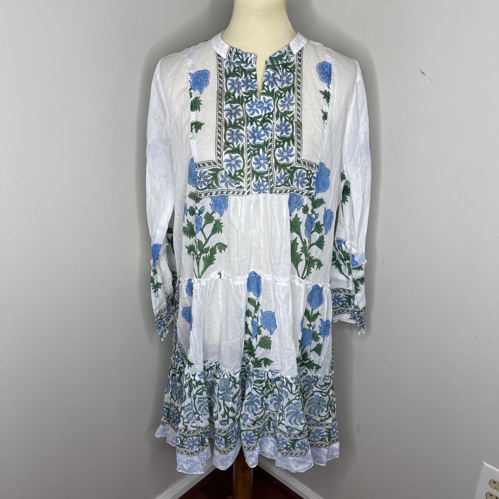 New Juliet Dunn Blockprint Green Blue Floral Dress Sz‎ 3